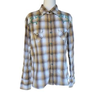 Panhandle Slim Brown Plaid Turquoise Button Front Western Shirt Size Large